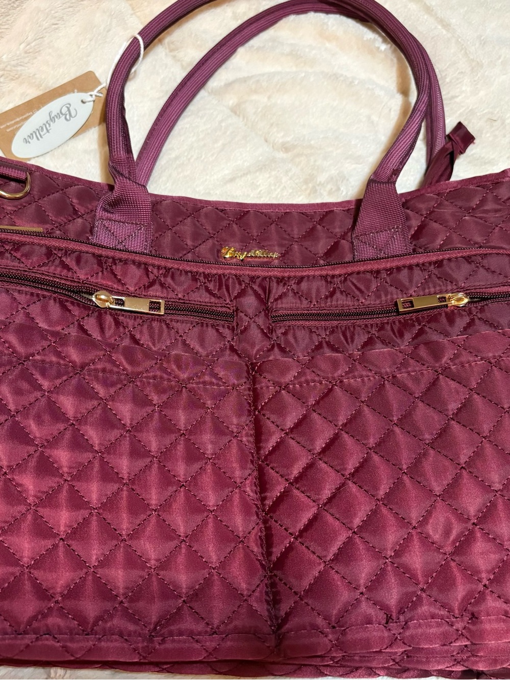 Large Raspberry/Wine Quilted Tote -Lots of room & pockets. Easily a Diaper bag